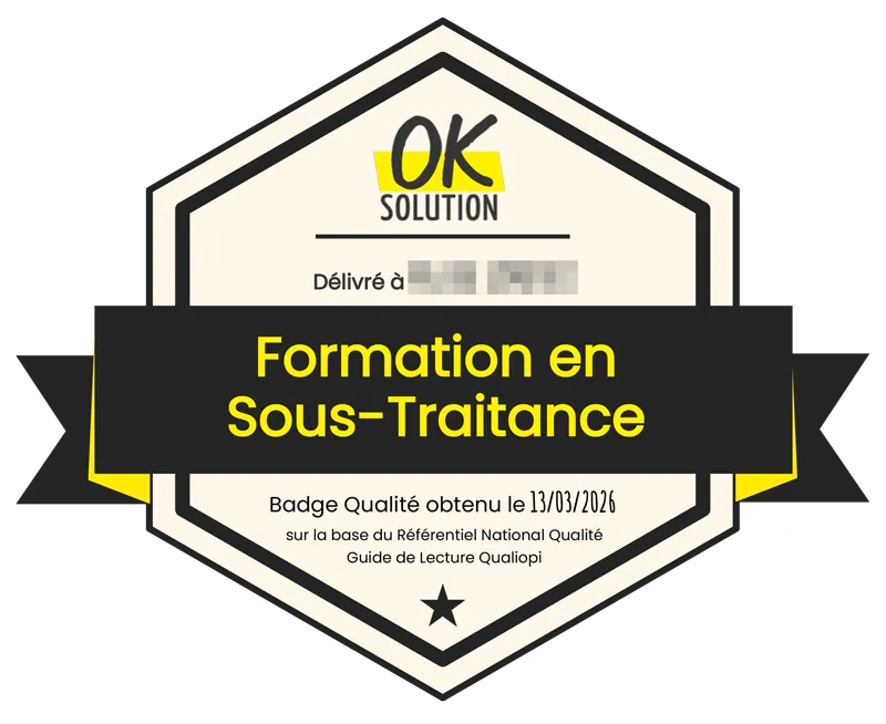 Badge Qualité Formation en Sous-Traitance délivré par OK Solution à Valerie Gonzalez, conforme au Référentiel National Qualité Qualiopi, obtenu en mars 2026.