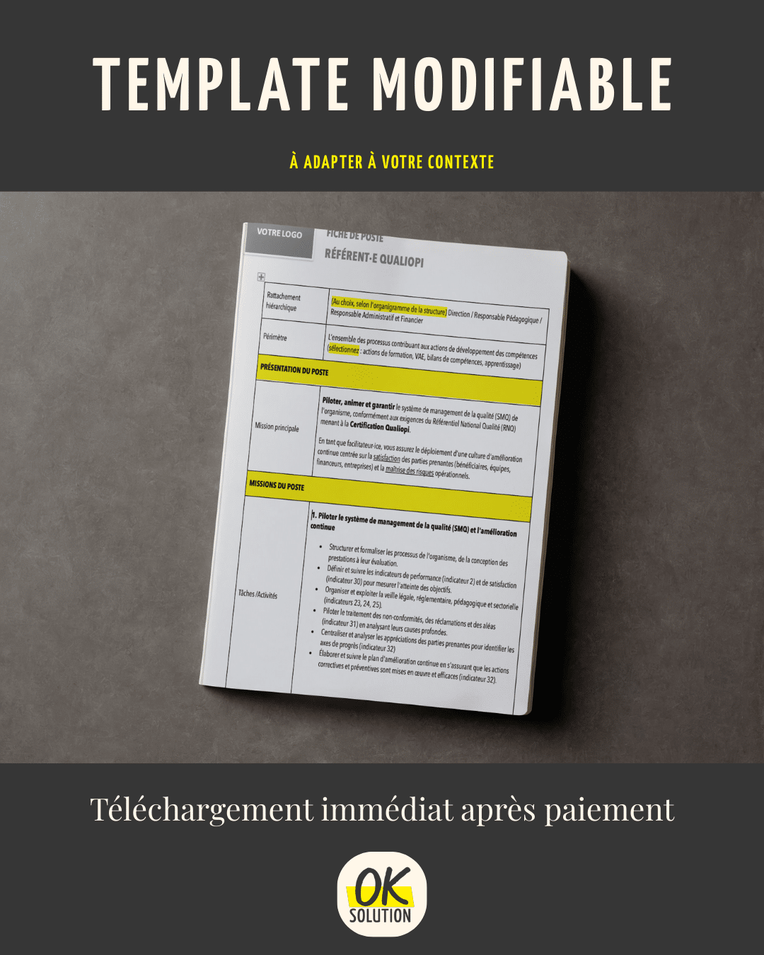image présentant le template modifiable de la fiche de poste de Référent Qualiopi vendu par ok solution
