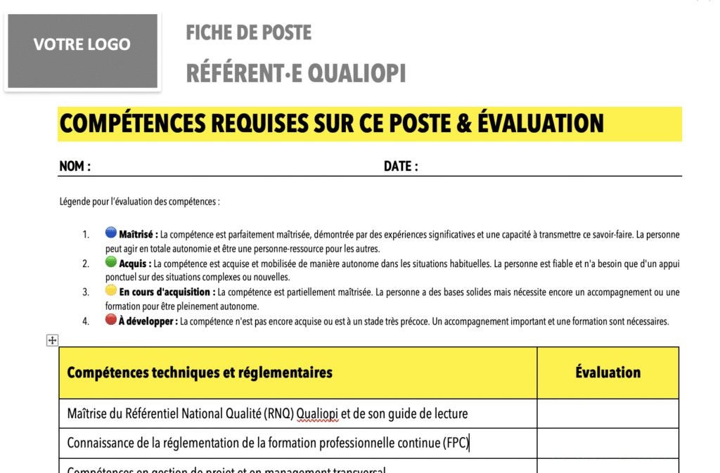 matrice d'évaluation des compétences sur la fiche de poste référent qualité qualiopi
