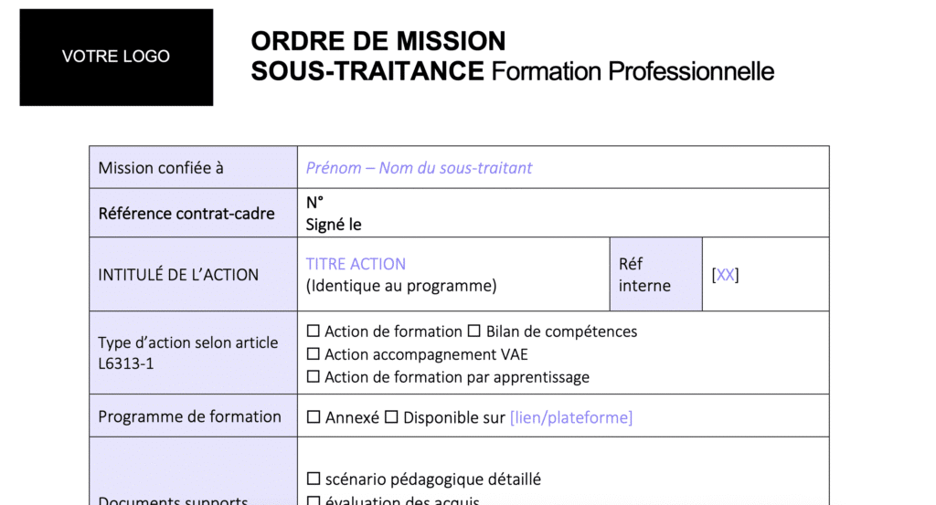 ordre de mission contrat sous-traitance formation professionnelle (bonus offert avec le contrat)