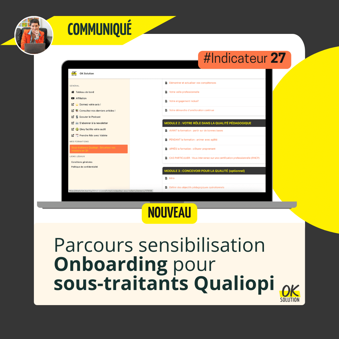 image ordinateur avec capture écran du parcours de sensibilisation pour sous-traitants qualiopi - indicateur 27
